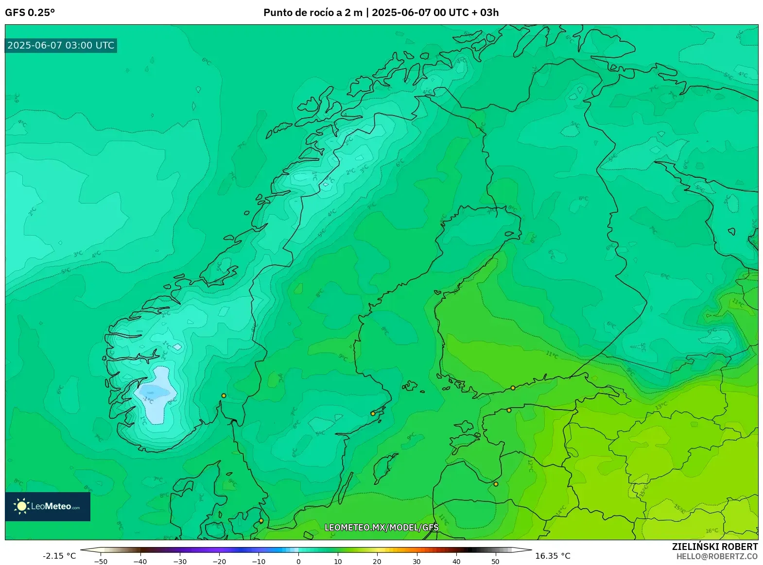 GFS model - Escandinavia, Punto de rocío a 2 m