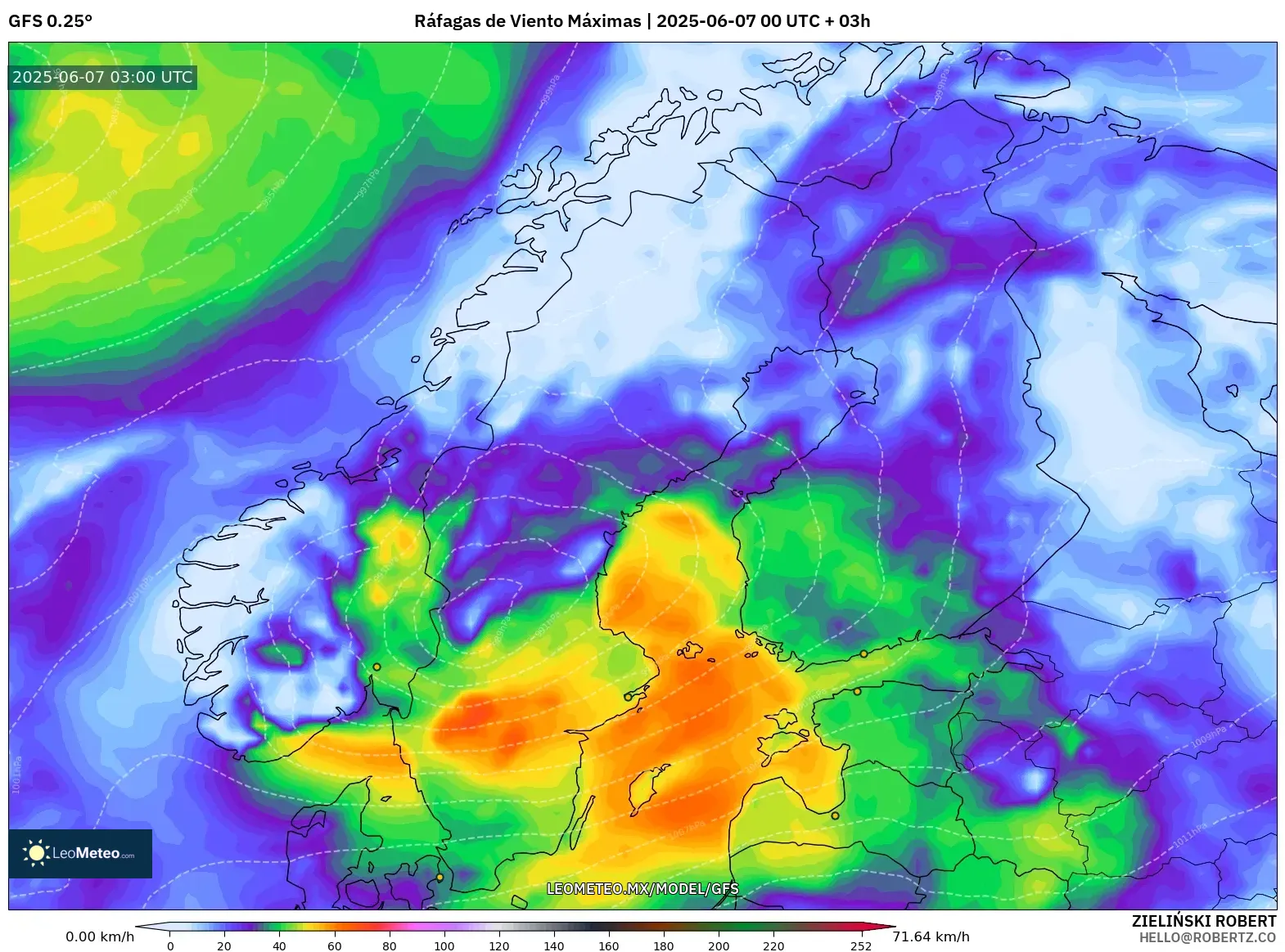 GFS model - Escandinavia, Ráfagas de Viento Máximas GFS model - Escandinavia, Ráfagas de Viento Máximas