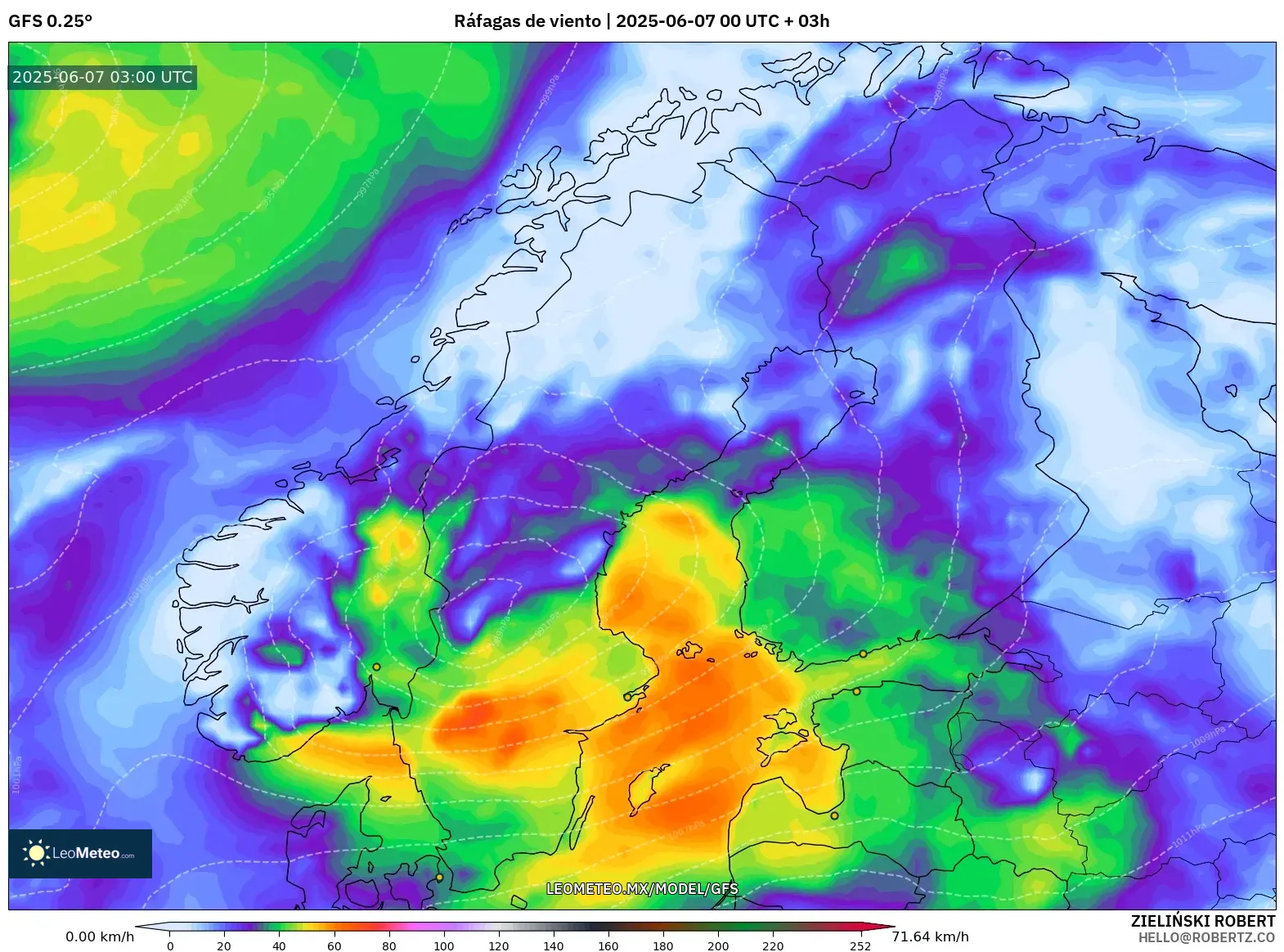 GFS model - Escandinavia, Ráfagas de viento