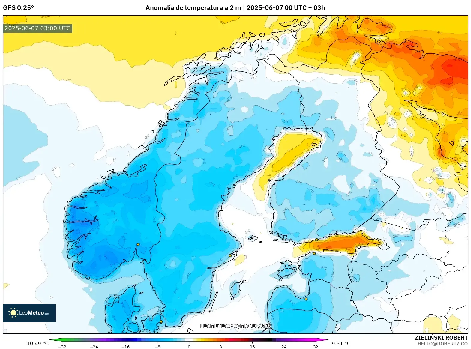 GFS model - Escandinavia, Anomalía de temperatura a 2 m GFS model - Escandinavia, Anomalía de temperatura a 2 m