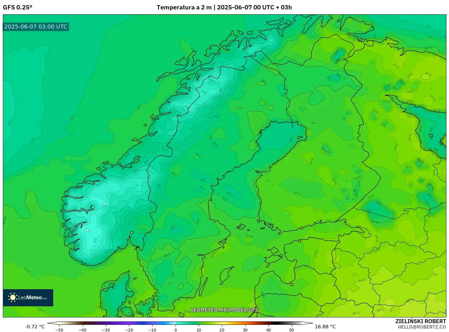 GFS model - Escandinavia, Temperatura a 2 m GFS model - Escandinavia, Temperatura a 2 m