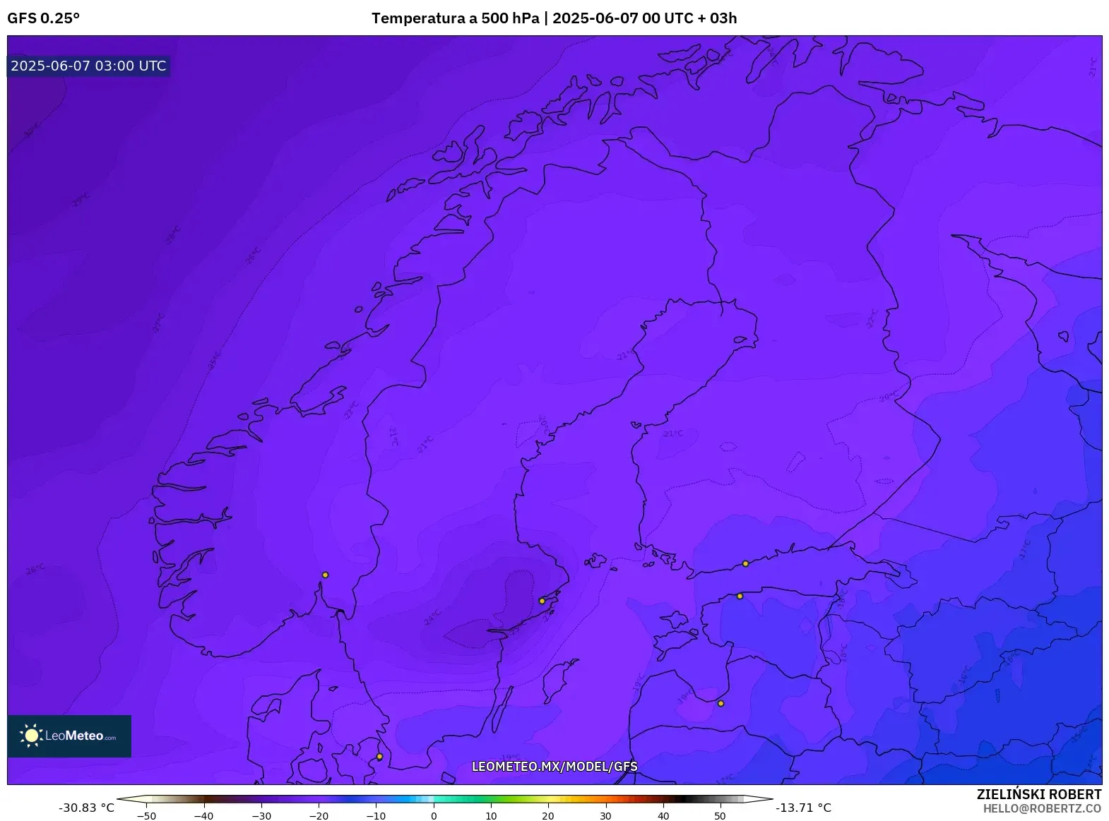 GFS model - Escandinavia, Temperatura a 500 hPa GFS model - Escandinavia, Temperatura a 500 hPa