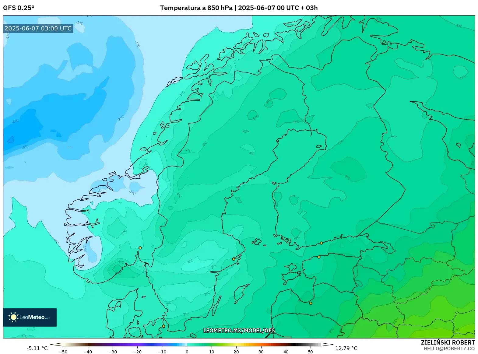 GFS model - Escandinavia, Temperatura a 850 hPa
