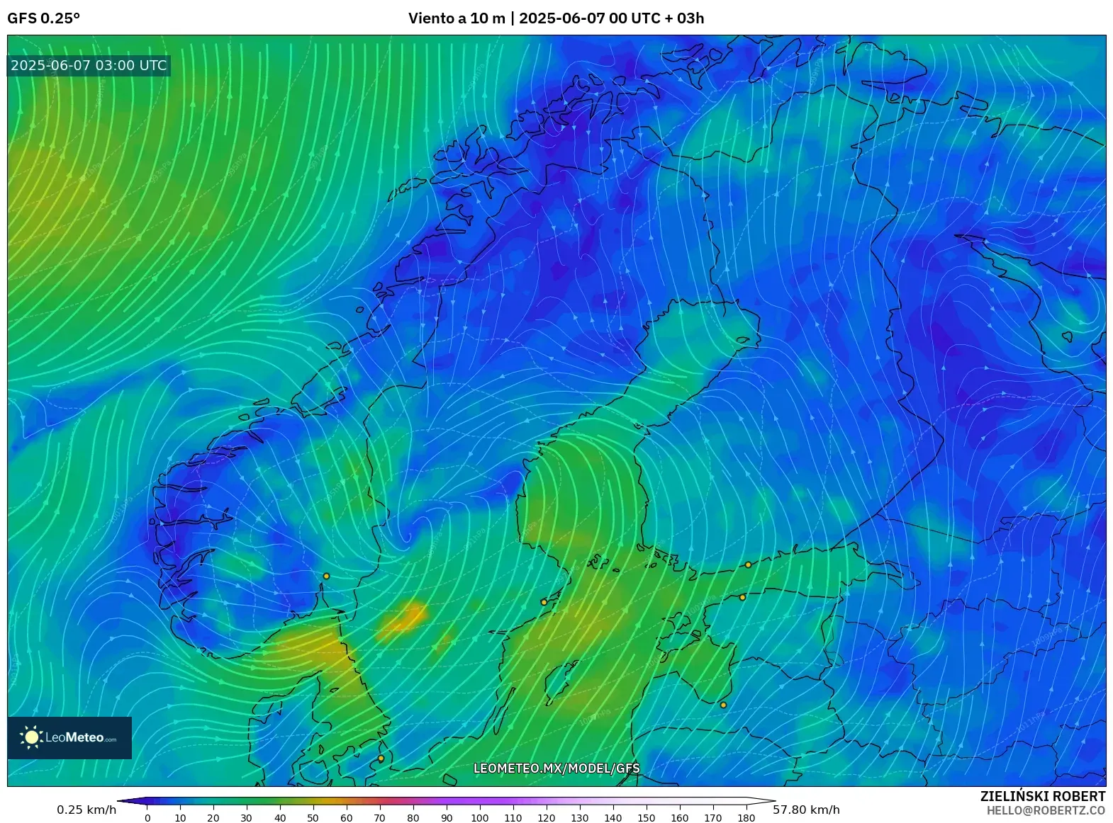 GFS model - Escandinavia, Viento a 10 m GFS model - Escandinavia, Viento a 10 m