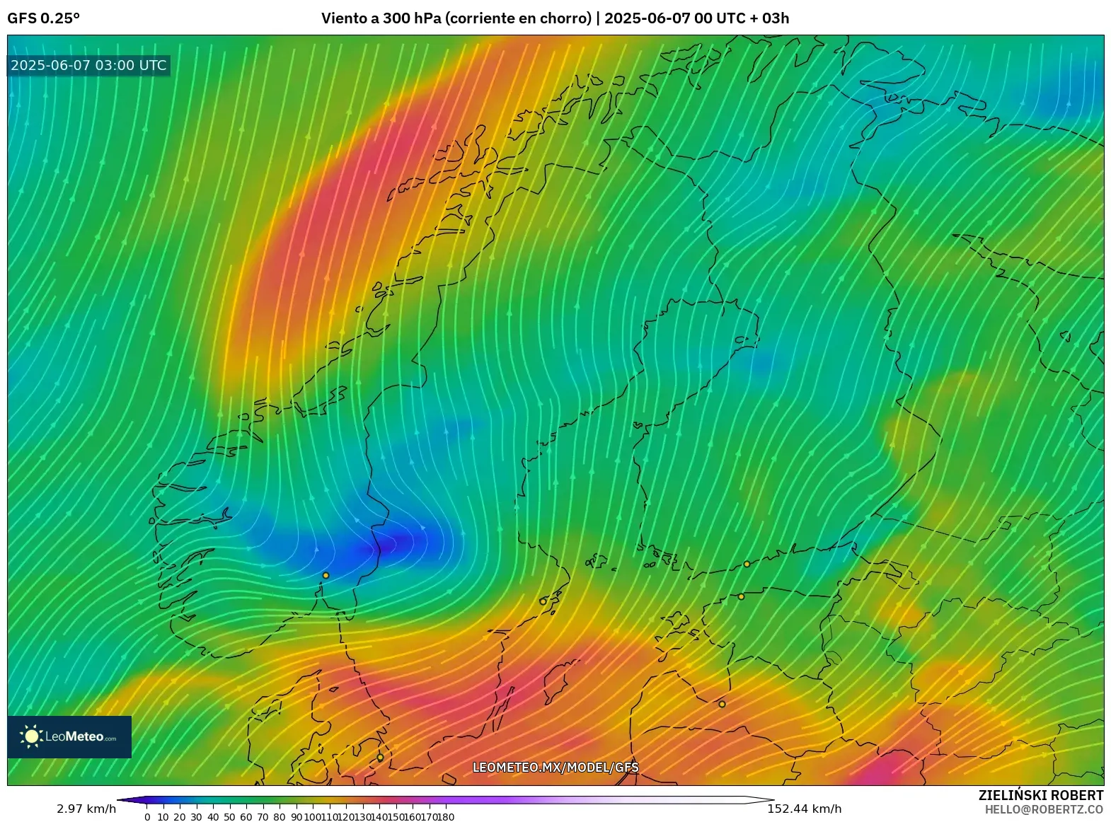 GFS model - Escandinavia, Viento a 300 hPa (corriente en chorro) GFS model - Escandinavia, Viento a 300 hPa (corriente en chorro)