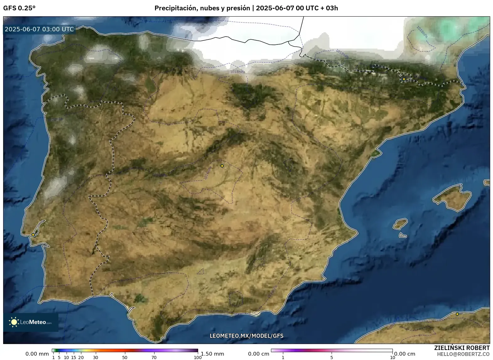 GFS model - España, Precipitación, nubes y presión