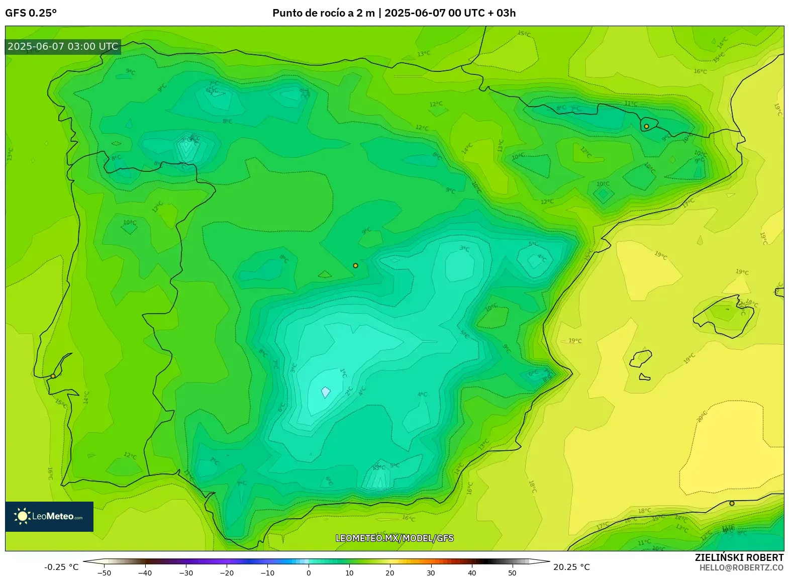 GFS model - España, Punto de rocío a 2 m GFS model - España, Punto de rocío a 2 m