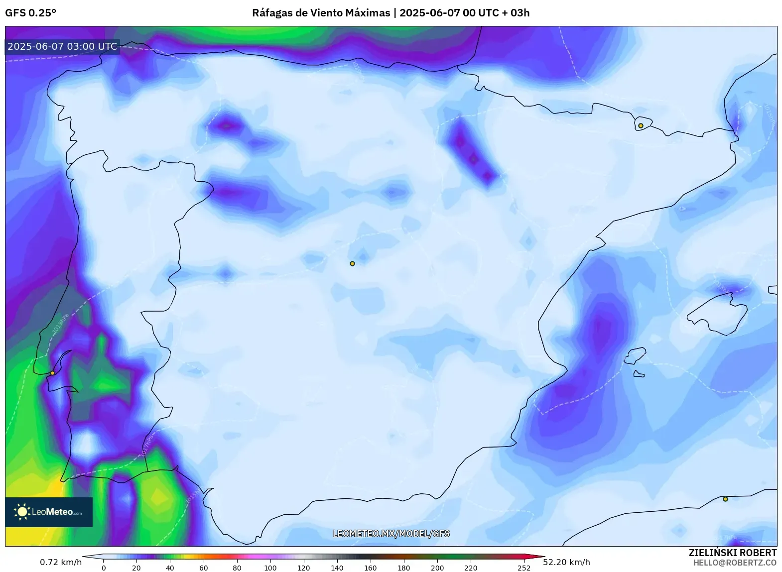 GFS model - España, Ráfagas de Viento Máximas GFS model - España, Ráfagas de Viento Máximas
