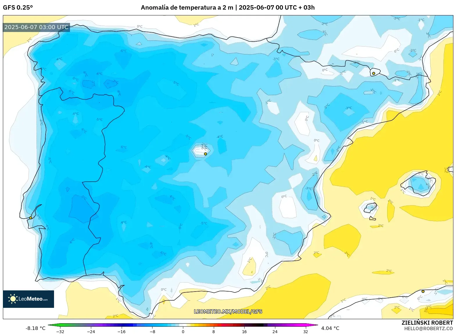 GFS model - España, Anomalía de temperatura a 2 m GFS model - España, Anomalía de temperatura a 2 m