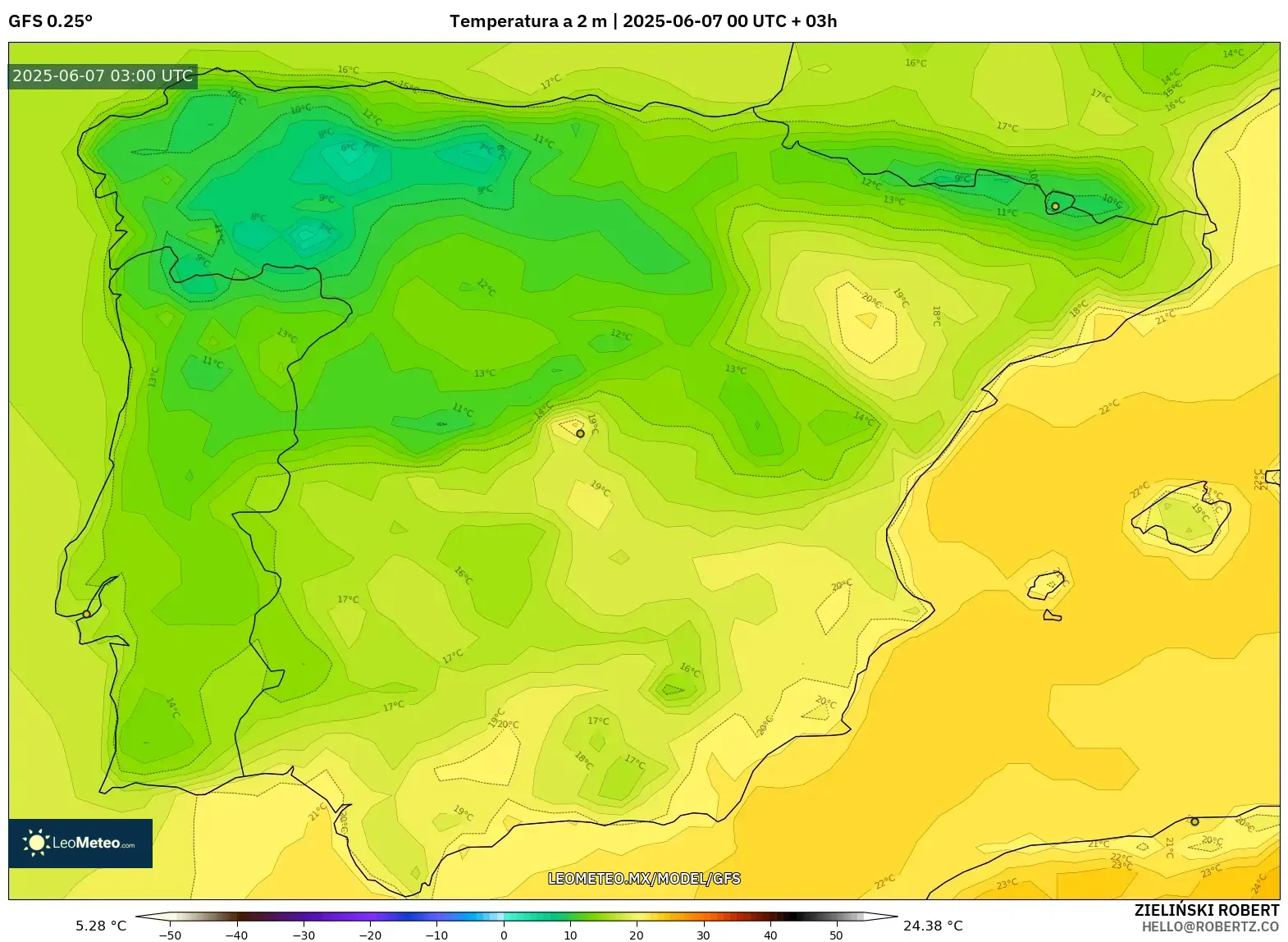 GFS model - España, Temperatura a 2 m GFS model - España, Temperatura a 2 m
