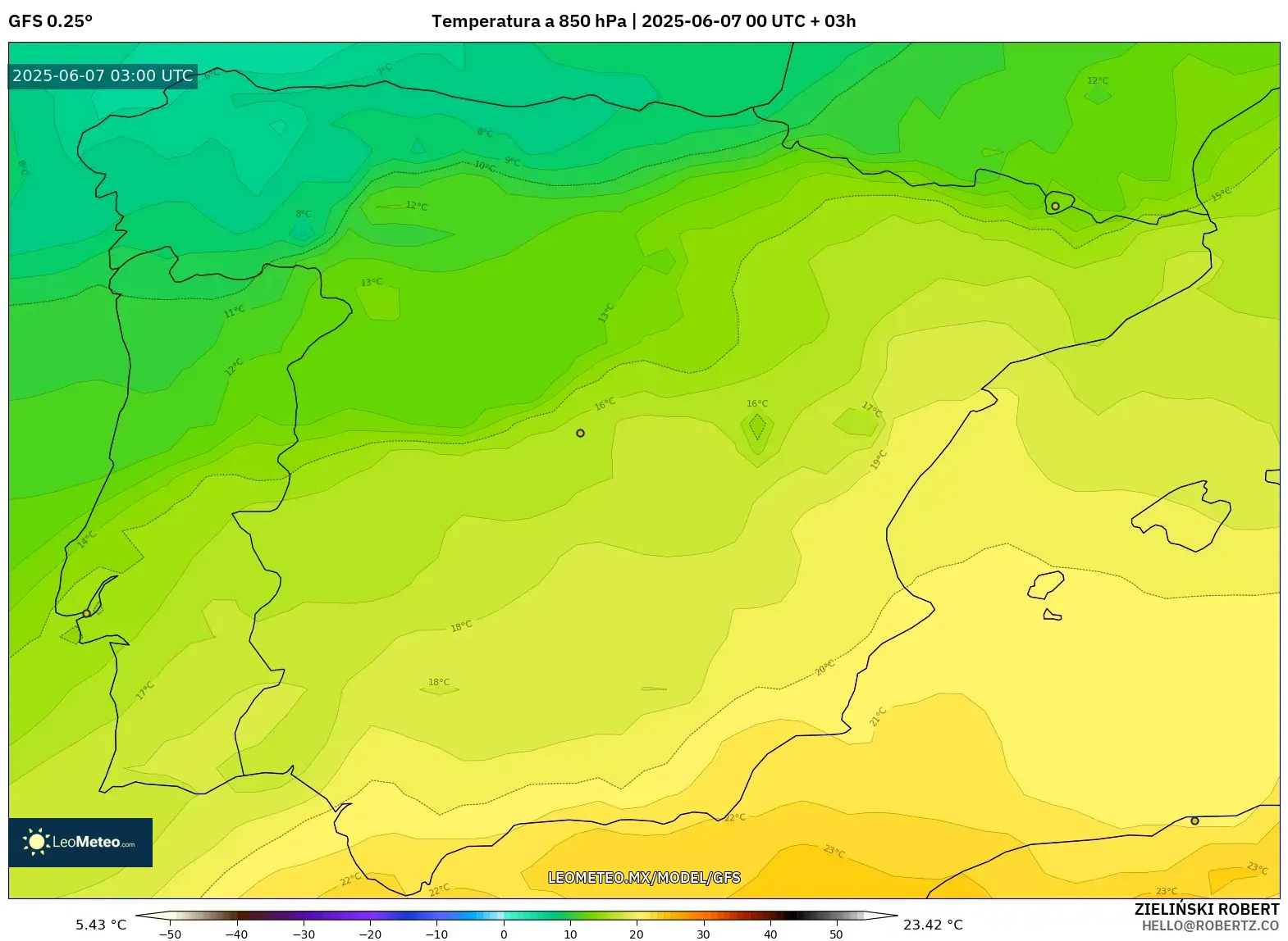 GFS model - España, Temperatura a 850 hPa GFS model - España, Temperatura a 850 hPa