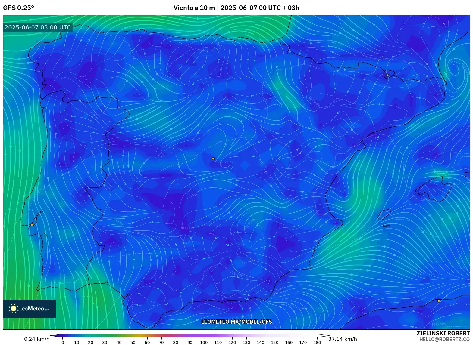 GFS model - España, Viento a 10 m GFS model - España, Viento a 10 m