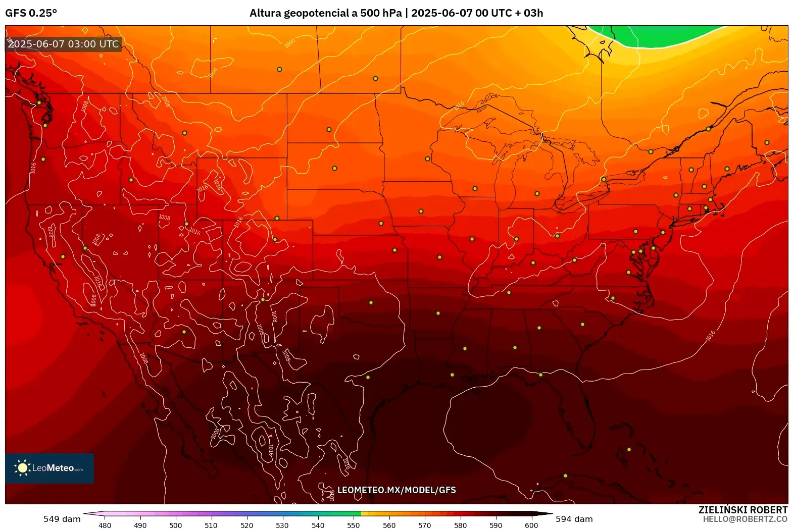 GFS model - Estados Unidos, Altura geopotencial a 500 hPa GFS model - Estados Unidos, Altura geopotencial a 500 hPa