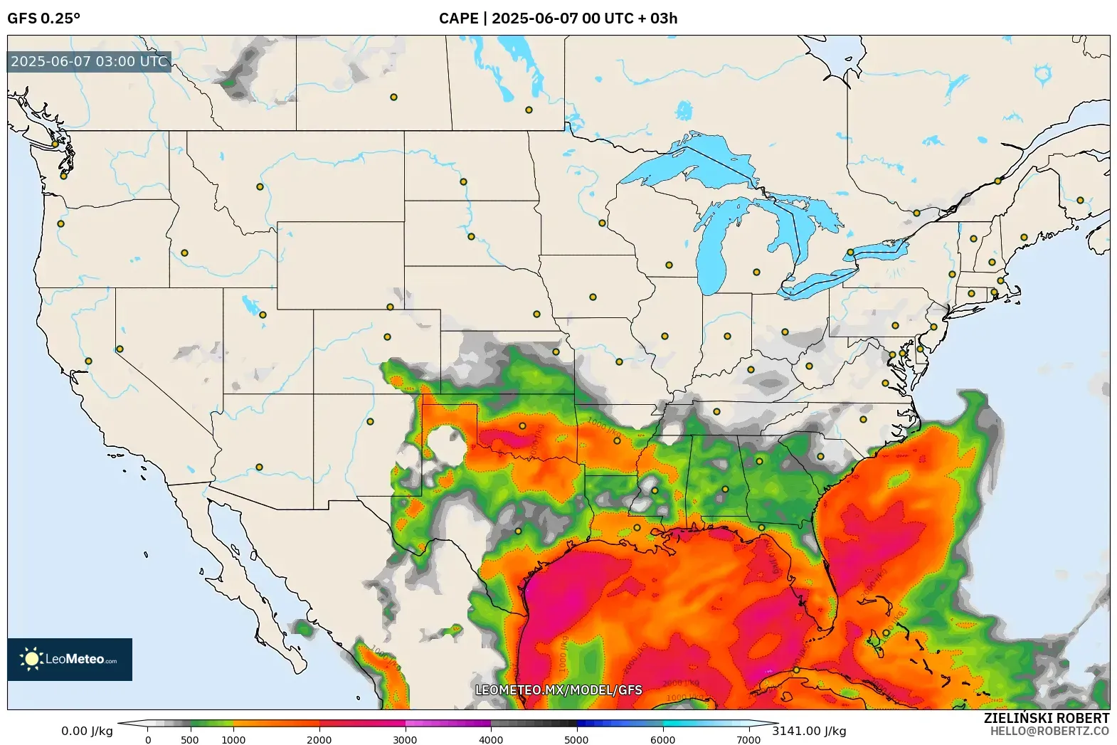 GFS model - Estados Unidos, CAPE GFS model - Estados Unidos, CAPE