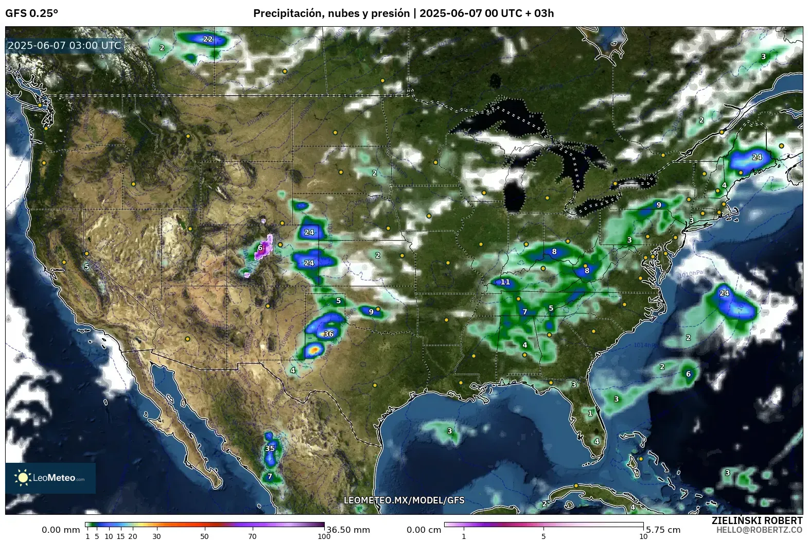 GFS model - Estados Unidos, Precipitación, nubes y presión GFS model - Estados Unidos, Precipitación, nubes y presión