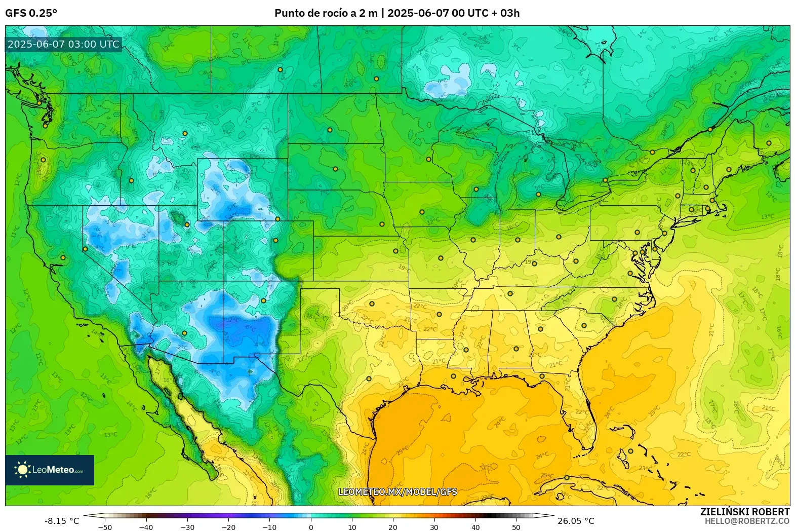 GFS model - Estados Unidos, Punto de rocío a 2 m GFS model - Estados Unidos, Punto de rocío a 2 m