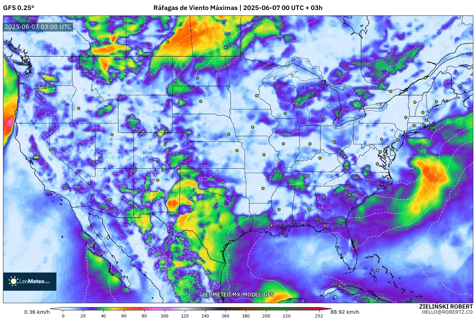GFS model - Estados Unidos, Ráfagas de Viento Máximas