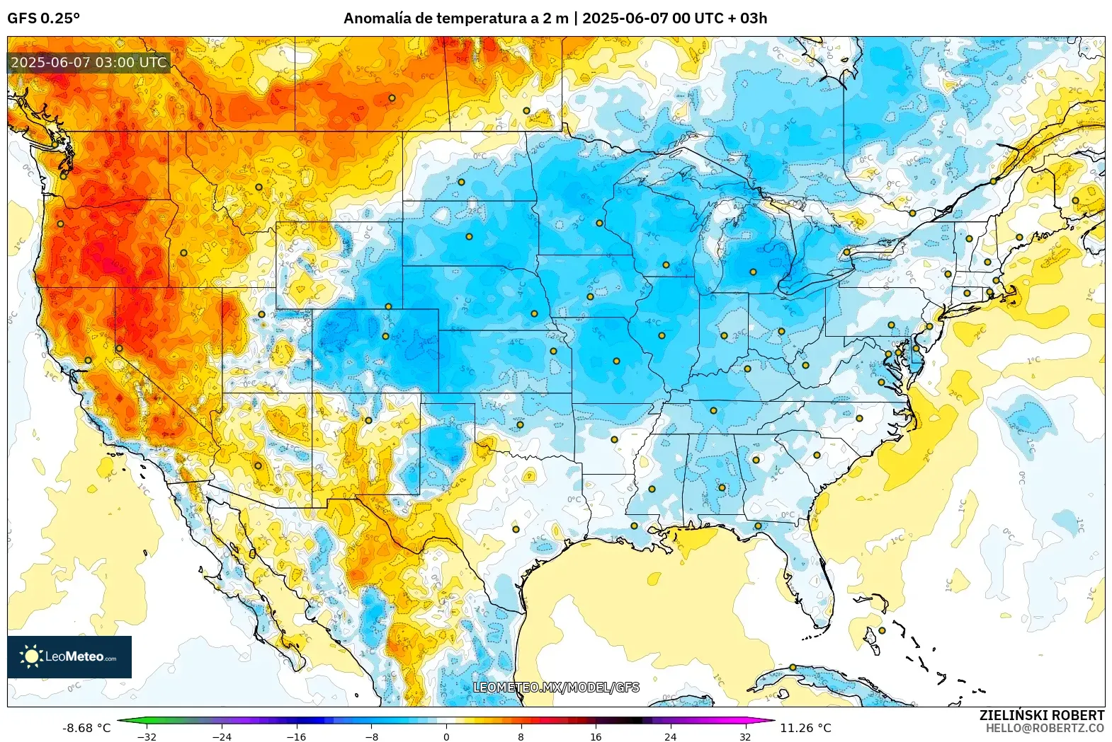 GFS model - Estados Unidos, Anomalía de temperatura a 2 m GFS model - Estados Unidos, Anomalía de temperatura a 2 m