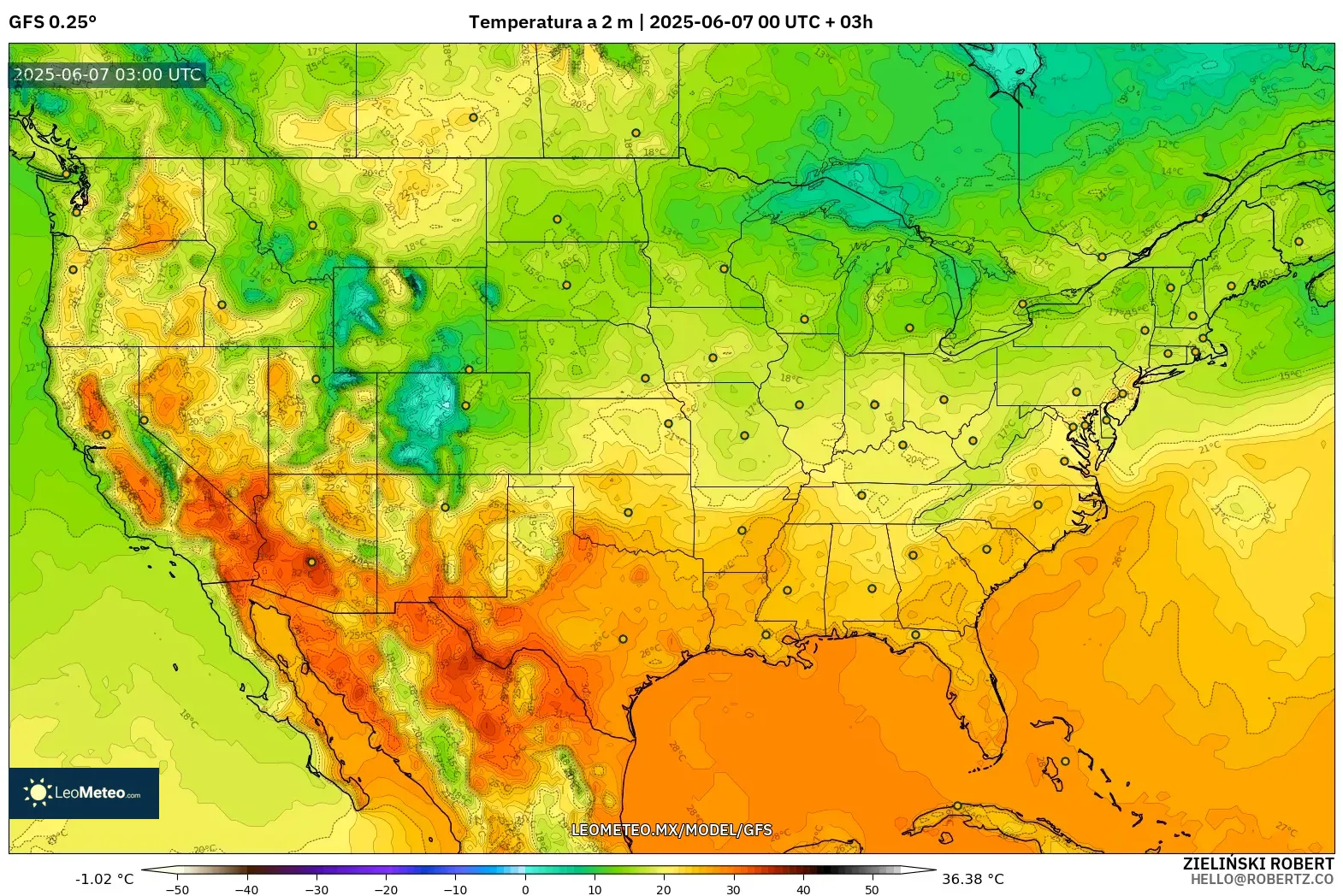 GFS model - Estados Unidos, Temperatura a 2 m GFS model - Estados Unidos, Temperatura a 2 m
