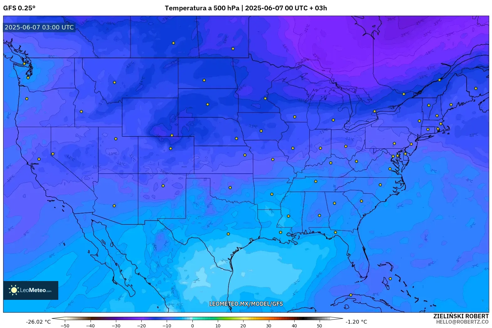 GFS model - Estados Unidos, Temperatura a 500 hPa GFS model - Estados Unidos, Temperatura a 500 hPa