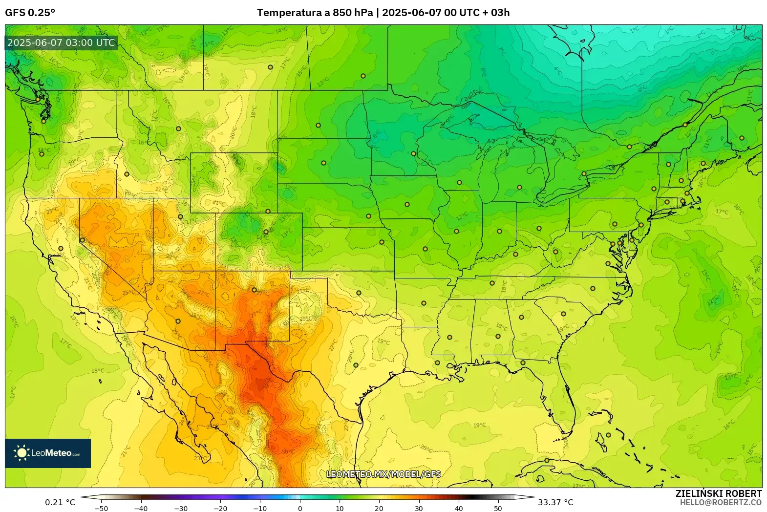 GFS model - Estados Unidos, Temperatura a 850 hPa GFS model - Estados Unidos, Temperatura a 850 hPa