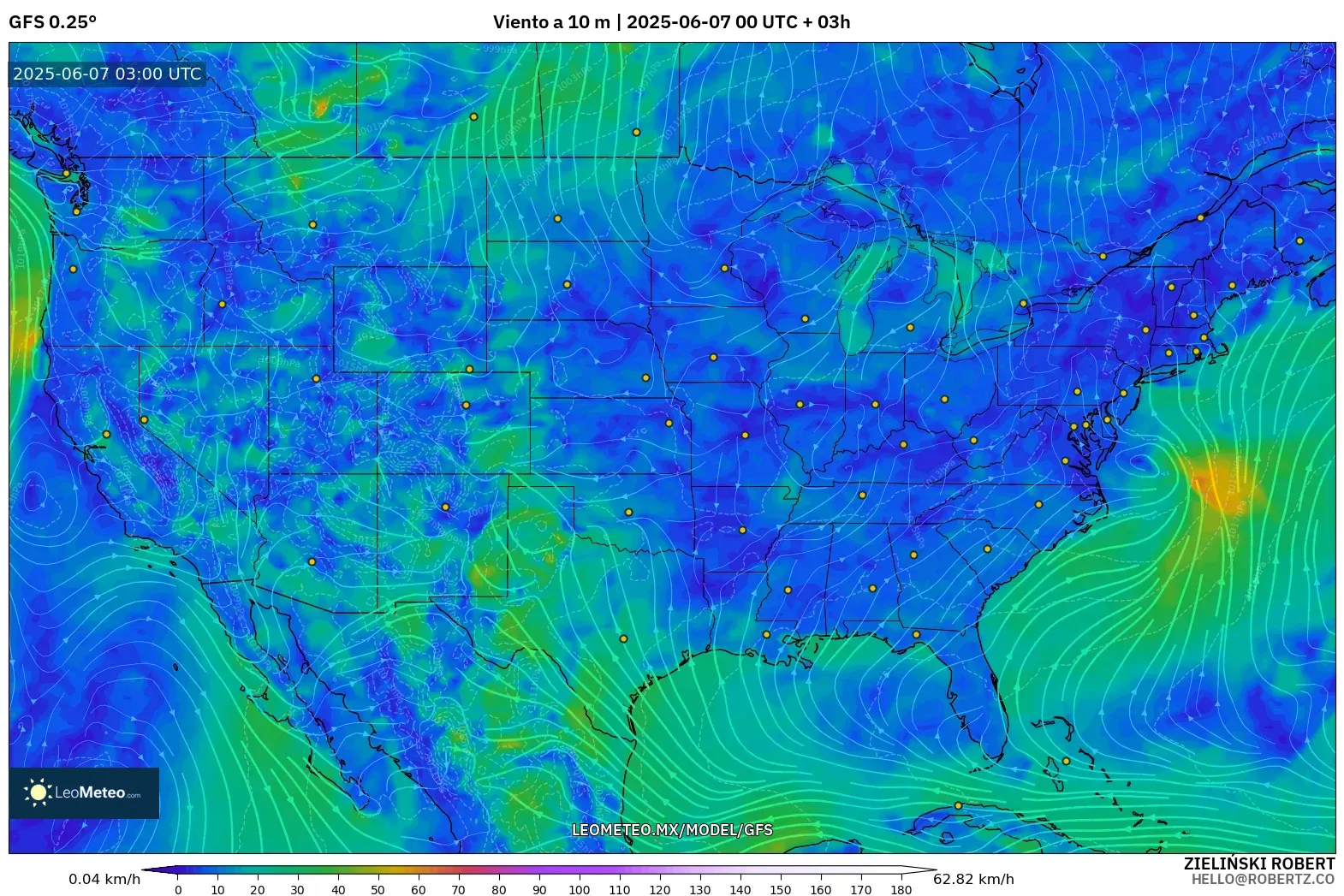 GFS model - Estados Unidos, Viento a 10 m GFS model - Estados Unidos, Viento a 10 m