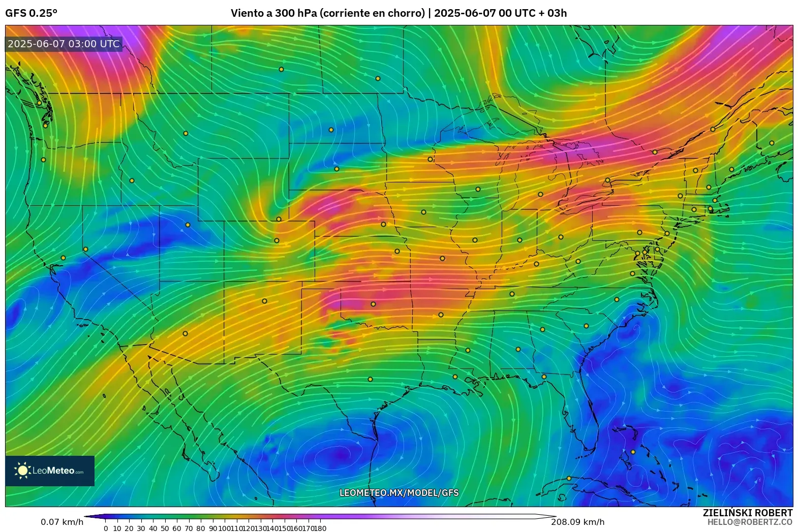 GFS model - Estados Unidos, Viento a 300 hPa (corriente en chorro) GFS model - Estados Unidos, Viento a 300 hPa (corriente en chorro)