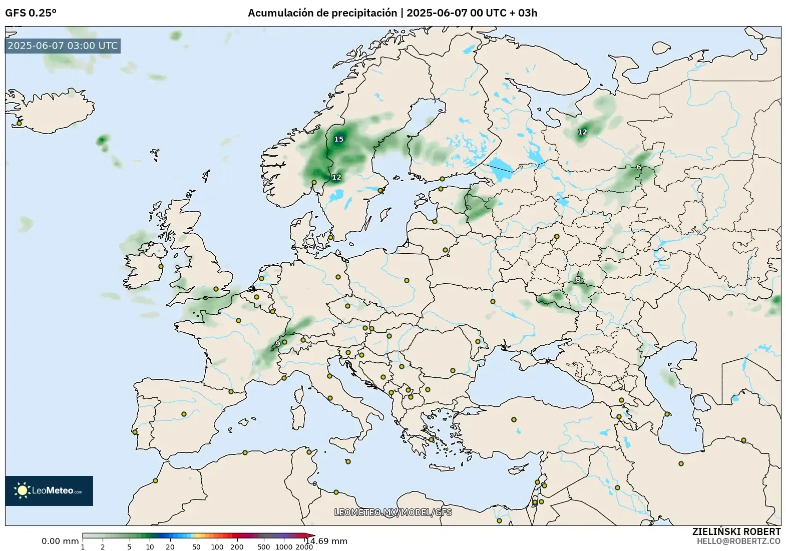 GFS model - Europa, Acumulación de precipitación