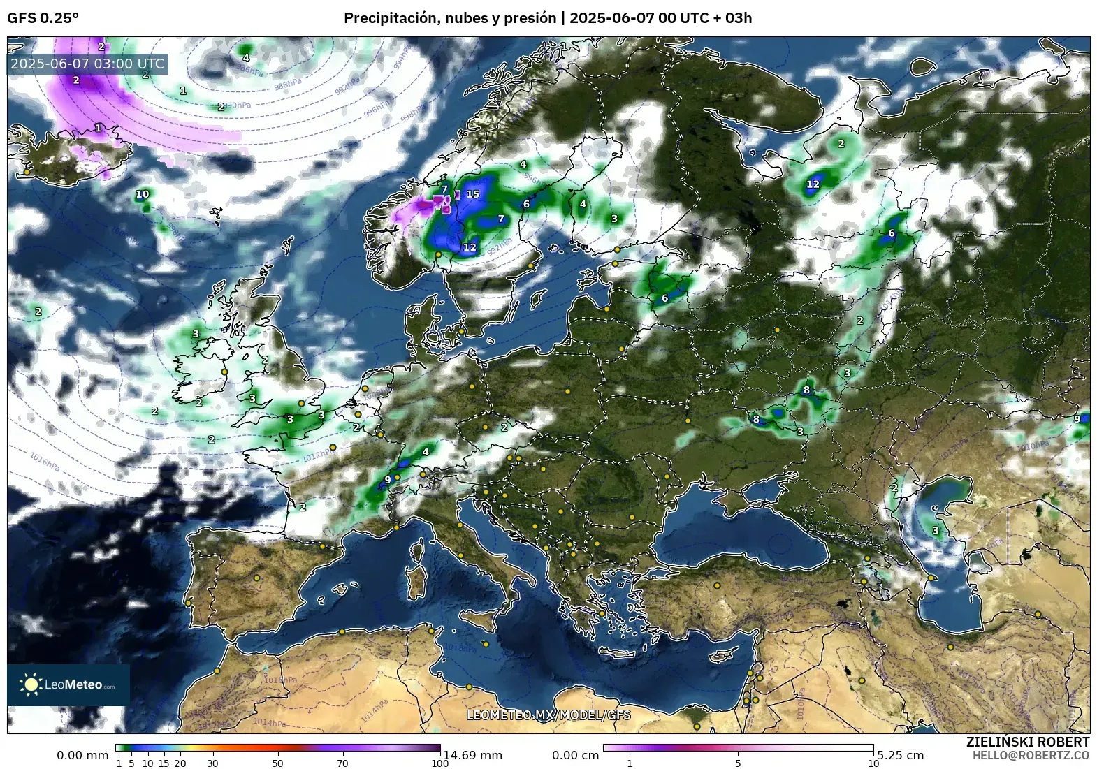 GFS model - Europa, Precipitación, nubes y presión