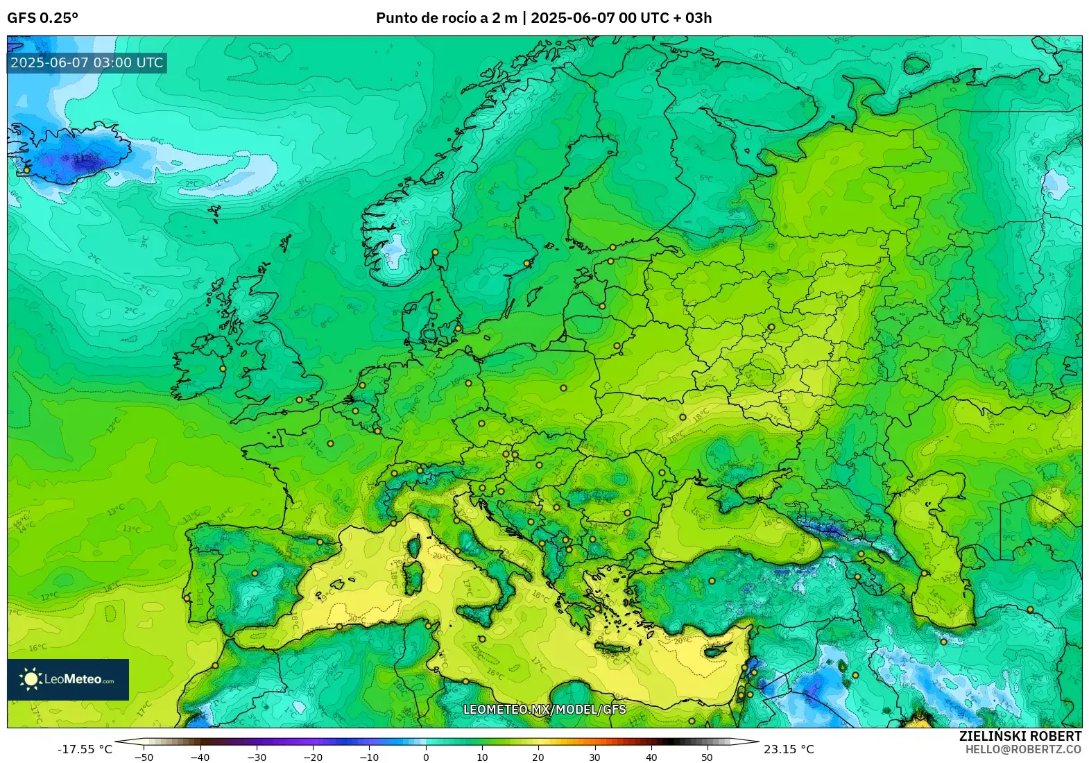 GFS model - Europa, Punto de rocío a 2 m