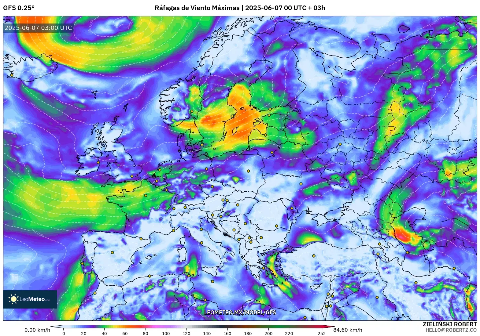 GFS model - Europa, Ráfagas de Viento Máximas