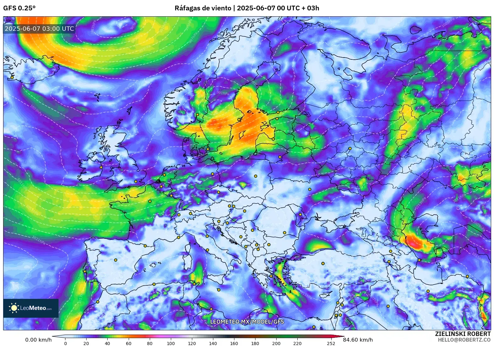 GFS model - Europa, Ráfagas de viento