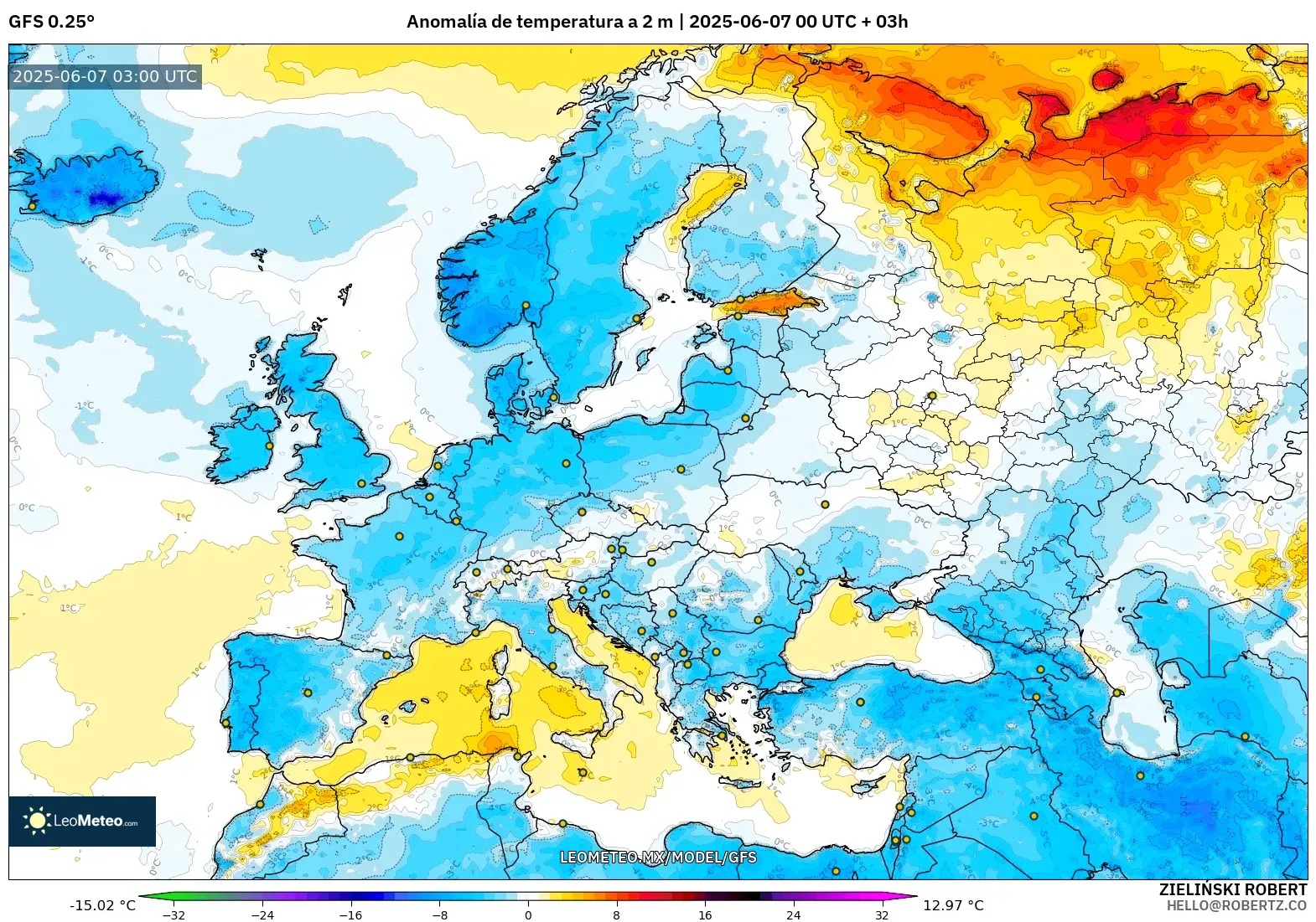 GFS model - Europa, Anomalía de temperatura a 2 m