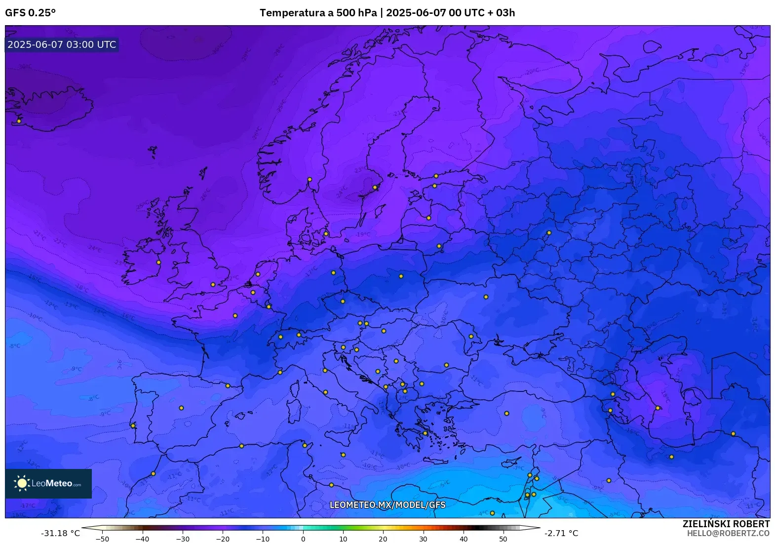 GFS model - Europa, Temperatura a 500 hPa
