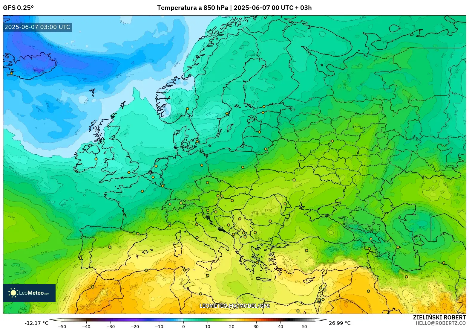 GFS model - Europa, Temperatura a 850 hPa