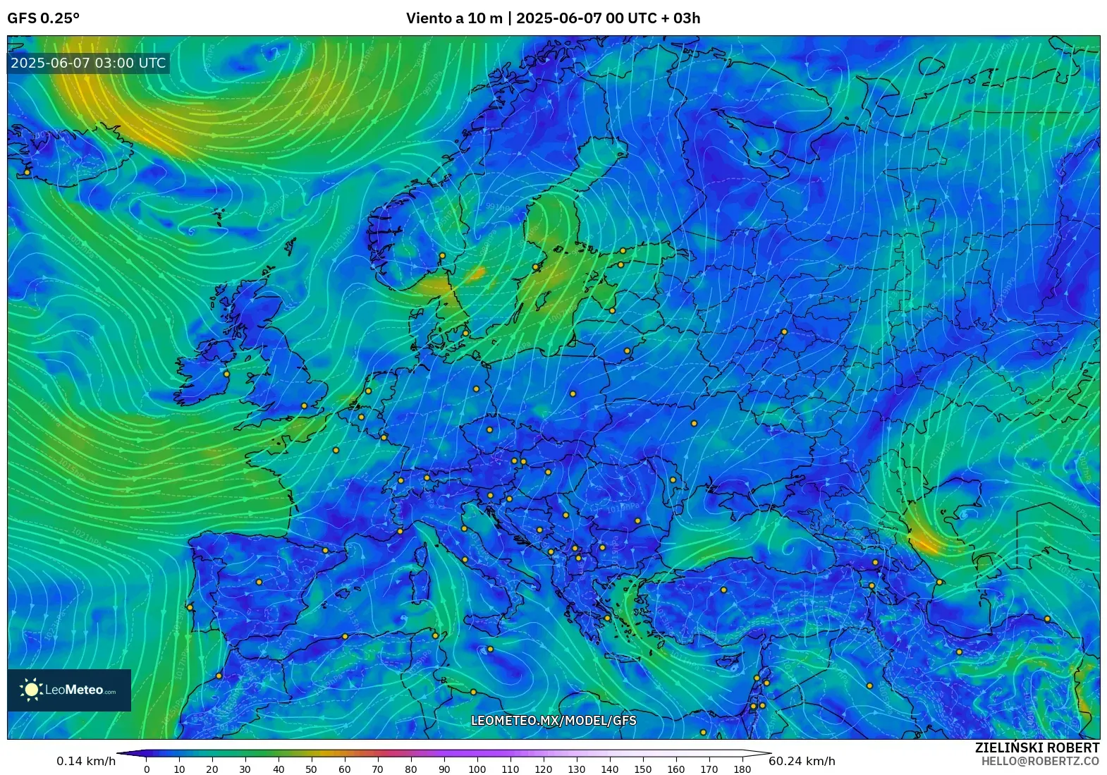 GFS model - Europa, Viento a 10 m