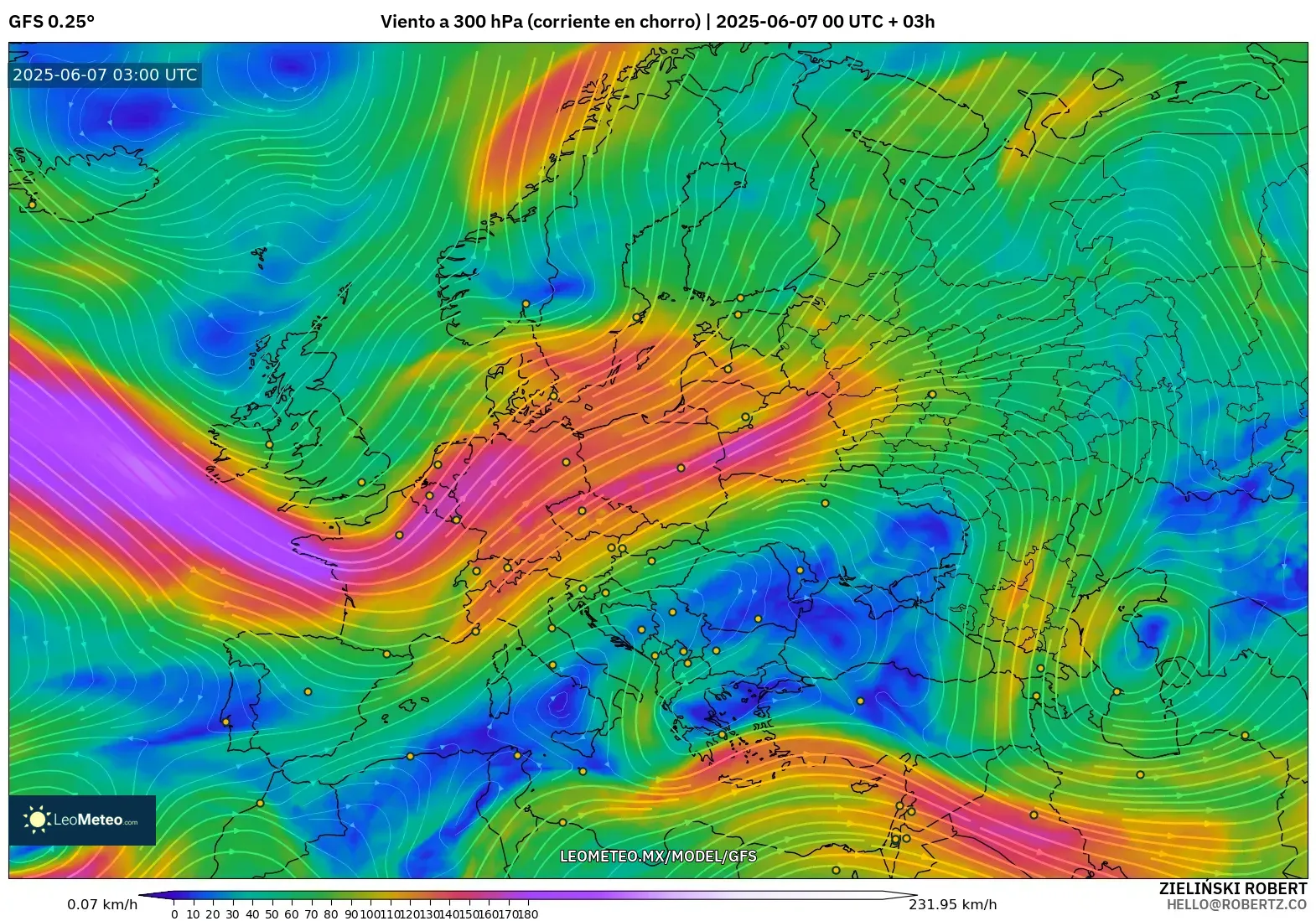 GFS model - Europa, Viento a 300 hPa (corriente en chorro)