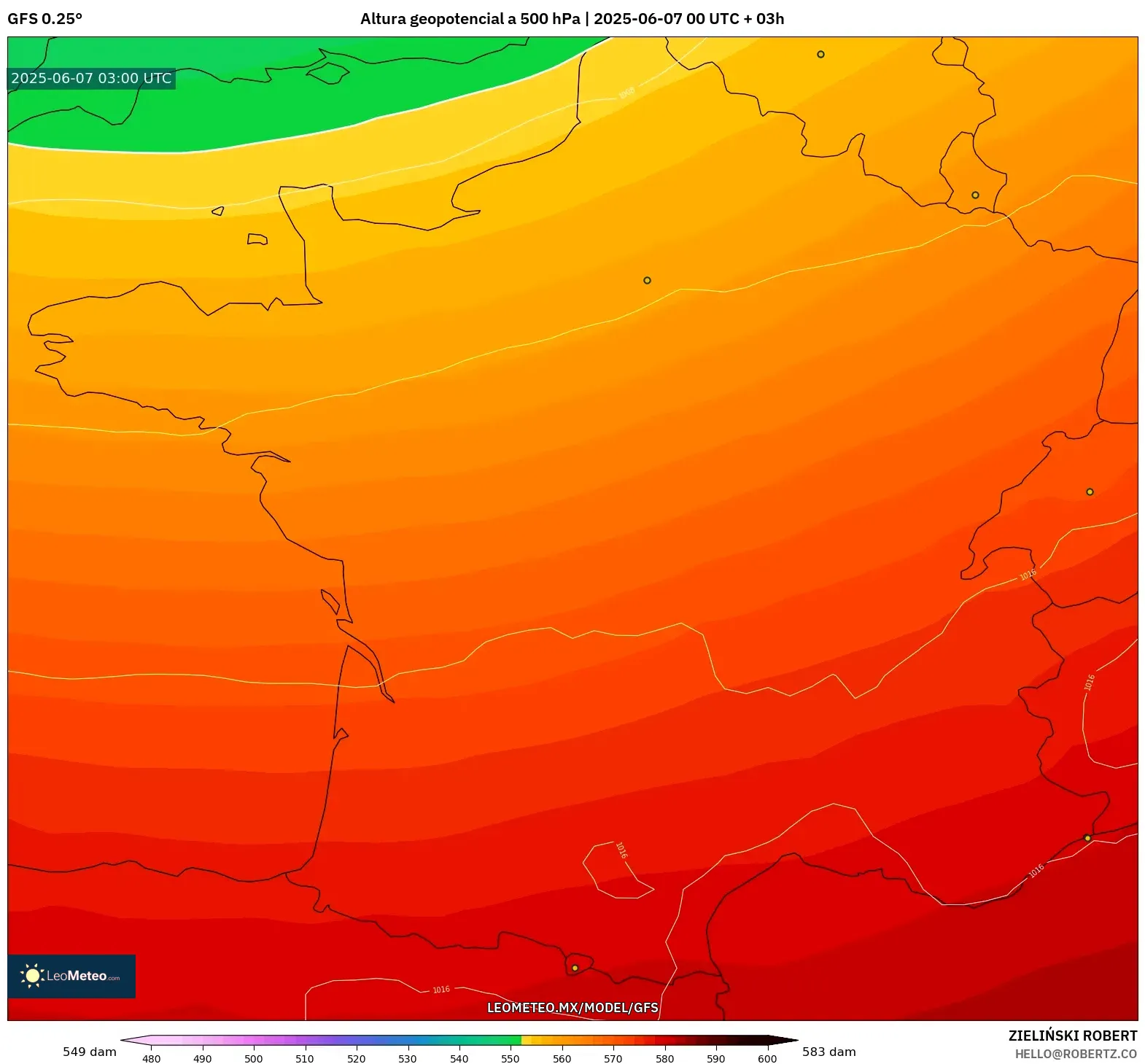 GFS model - Francia, Altura geopotencial a 500 hPa GFS model - Francia, Altura geopotencial a 500 hPa