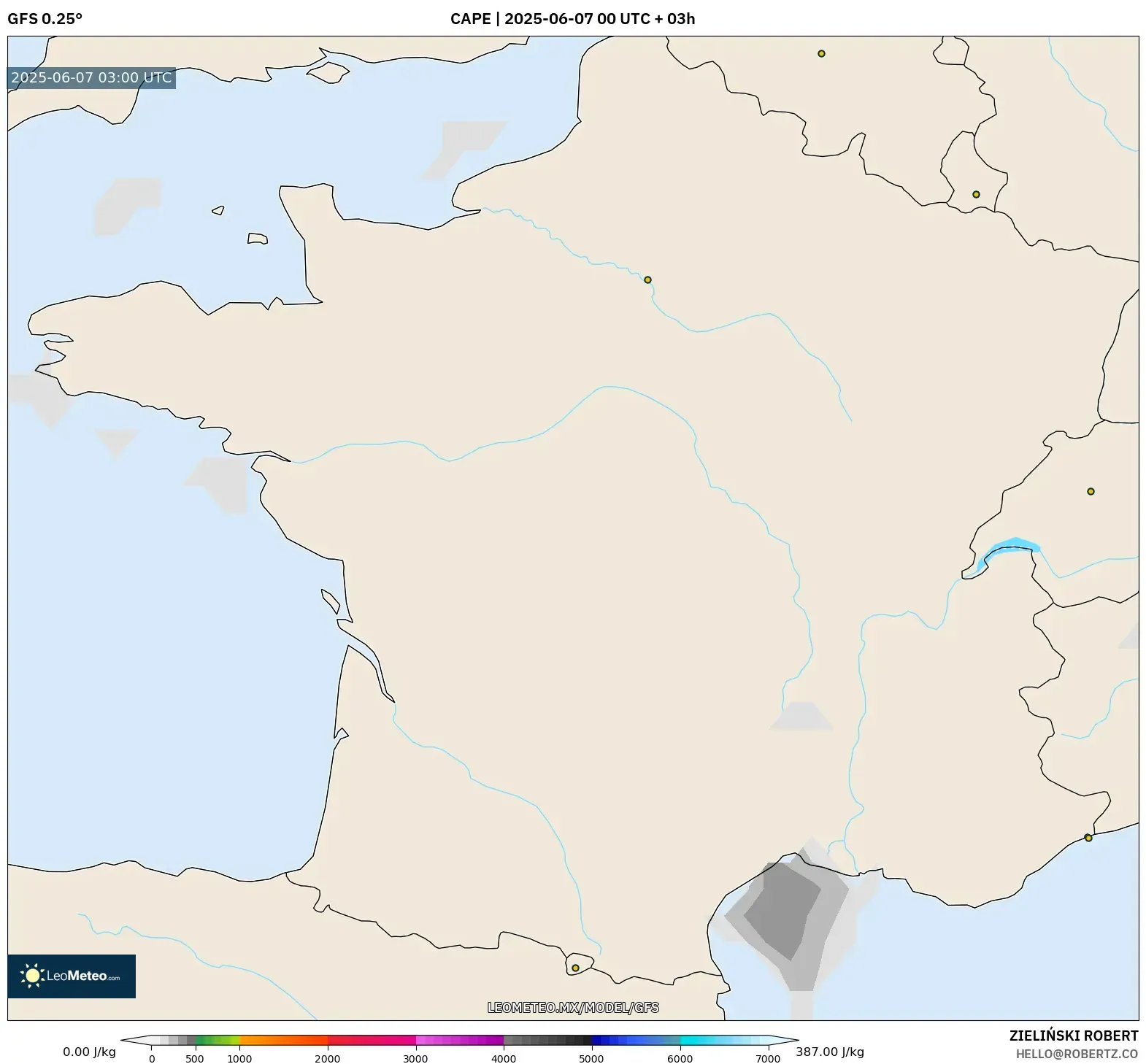 GFS model - Francia, CAPE GFS model - Francia, CAPE