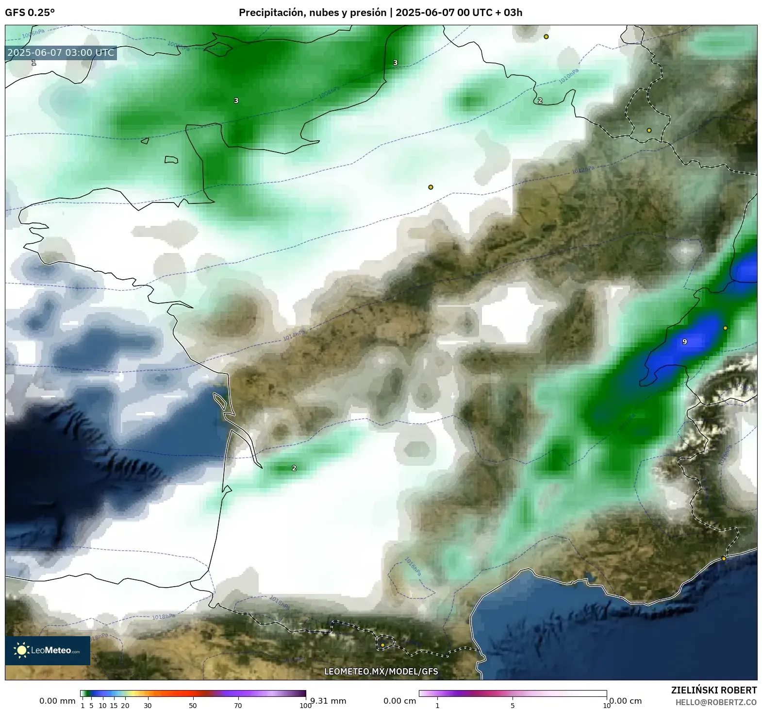 GFS model - Francia, Precipitación, nubes y presión GFS model - Francia, Precipitación, nubes y presión