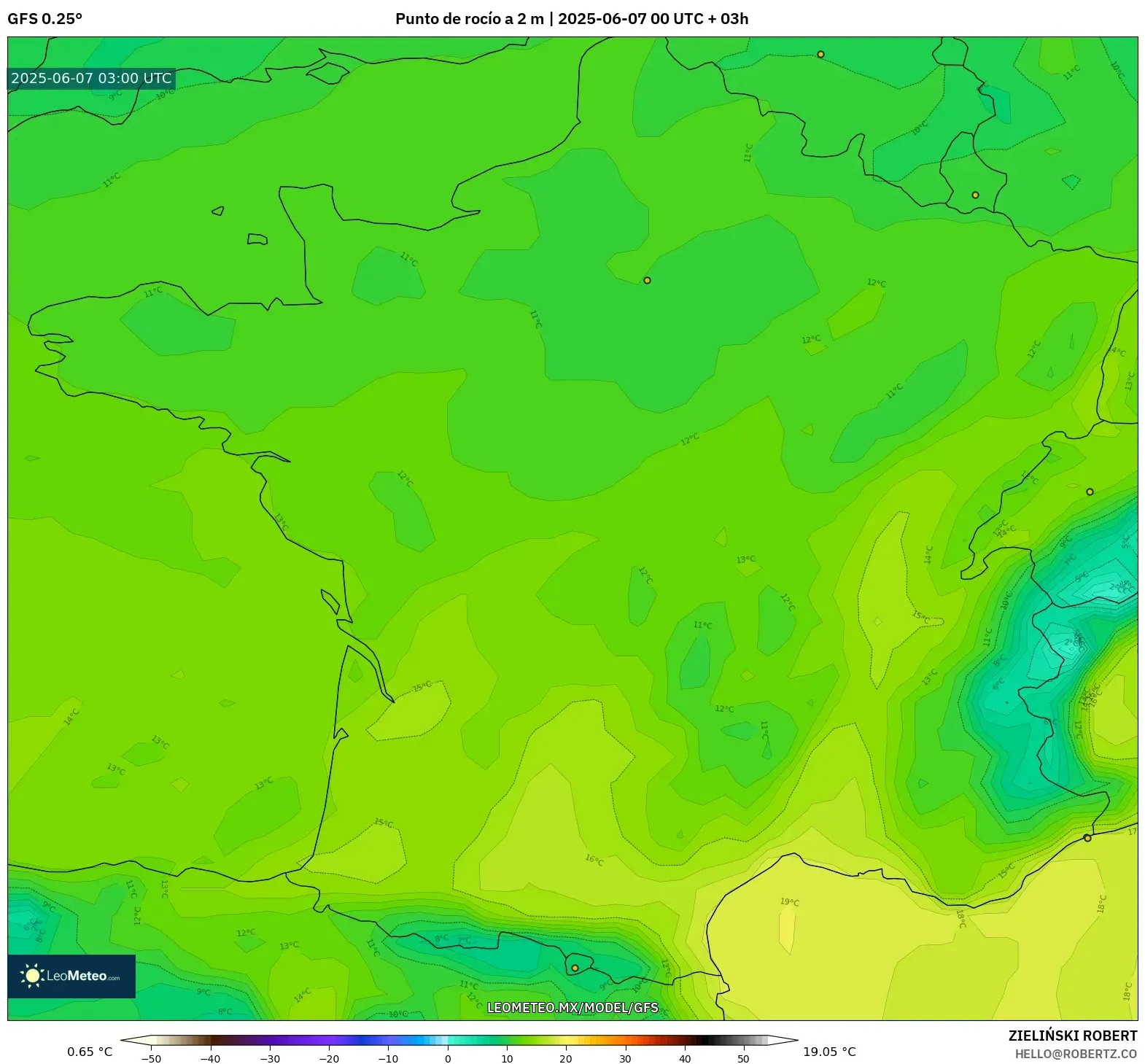 GFS model - Francia, Punto de rocío a 2 m GFS model - Francia, Punto de rocío a 2 m