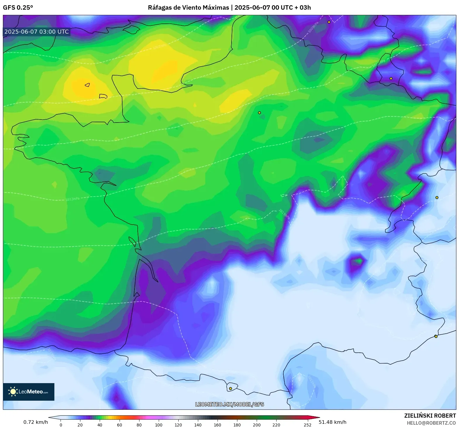 GFS model - Francia, Ráfagas de Viento Máximas GFS model - Francia, Ráfagas de Viento Máximas