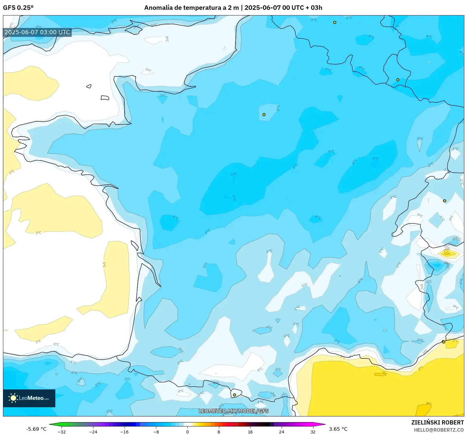 GFS model - Francia, Anomalía de temperatura a 2 m GFS model - Francia, Anomalía de temperatura a 2 m