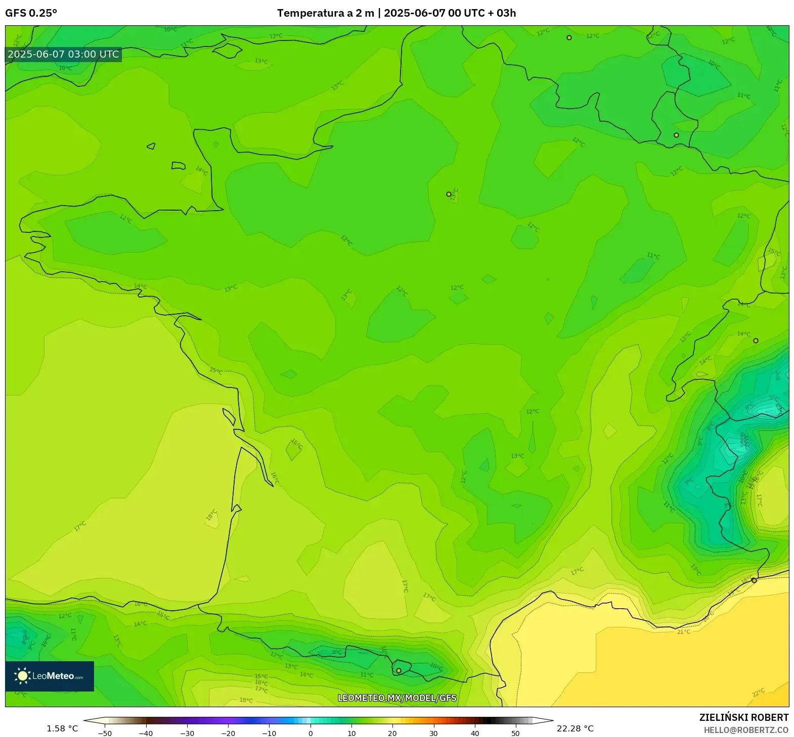 GFS model - Francia, Temperatura a 2 m GFS model - Francia, Temperatura a 2 m