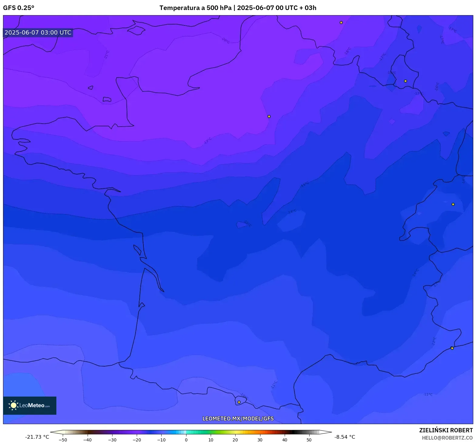 GFS model - Francia, Temperatura a 500 hPa GFS model - Francia, Temperatura a 500 hPa