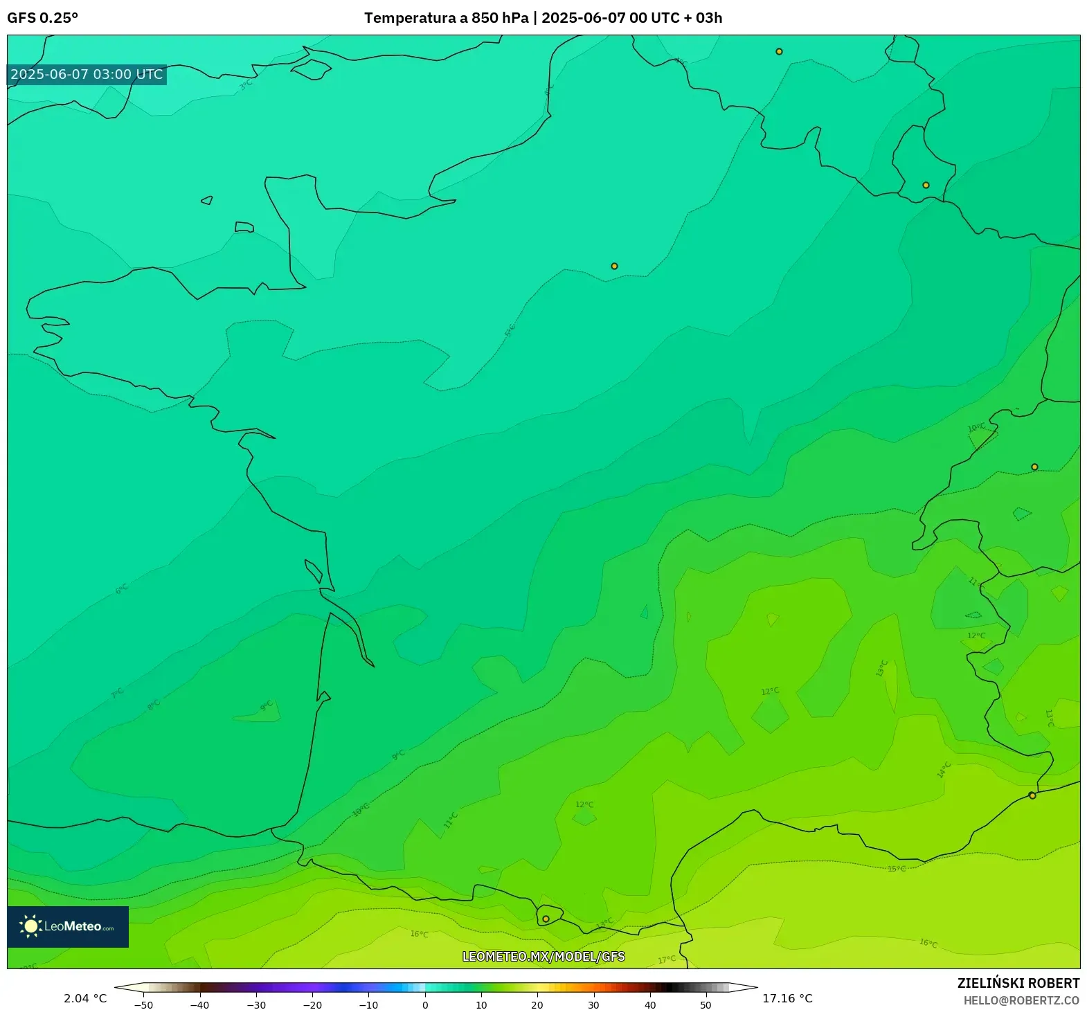 GFS model - Francia, Temperatura a 850 hPa GFS model - Francia, Temperatura a 850 hPa