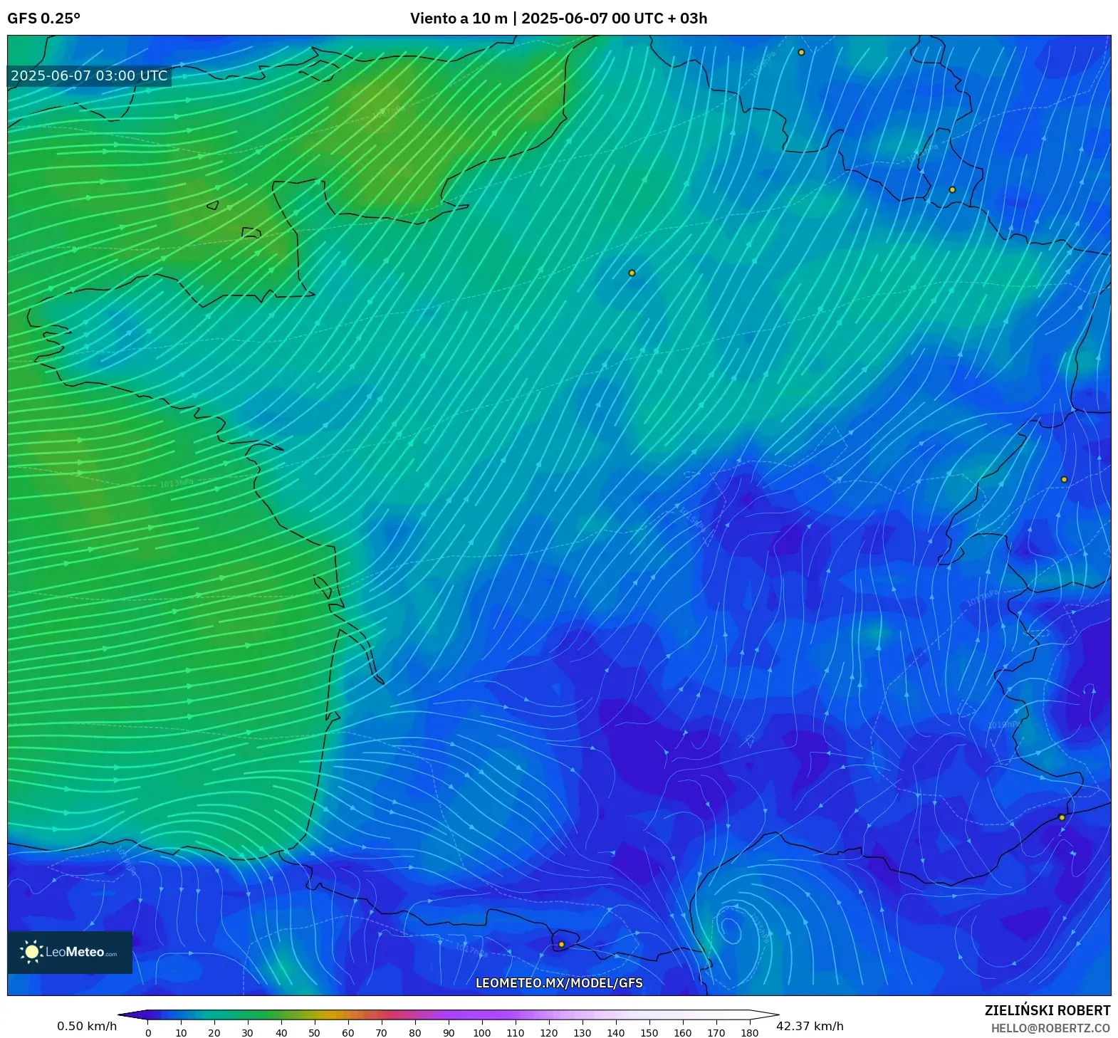 GFS model - Francia, Viento a 10 m GFS model - Francia, Viento a 10 m