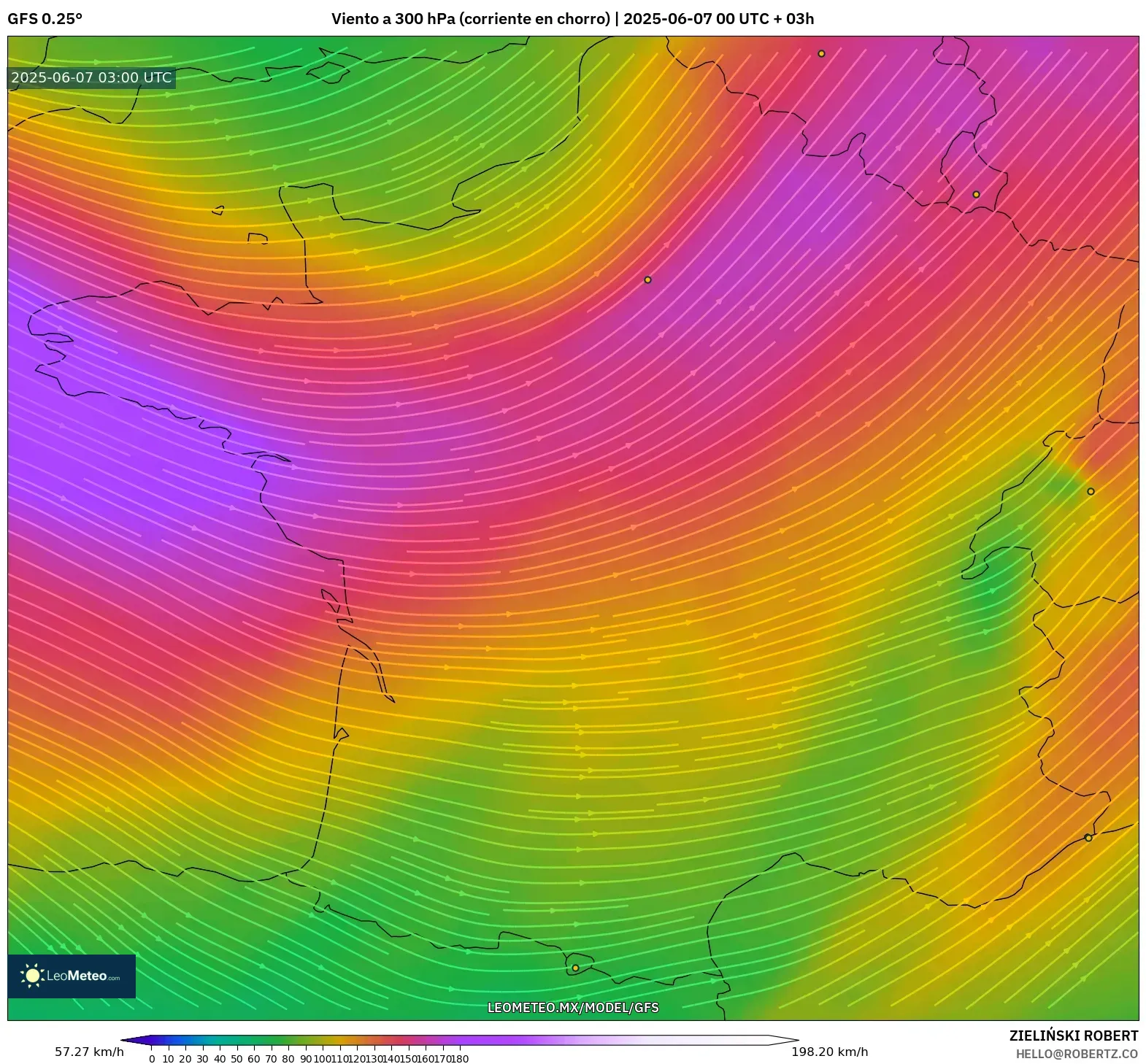 GFS model - Francia, Viento a 300 hPa (corriente en chorro)