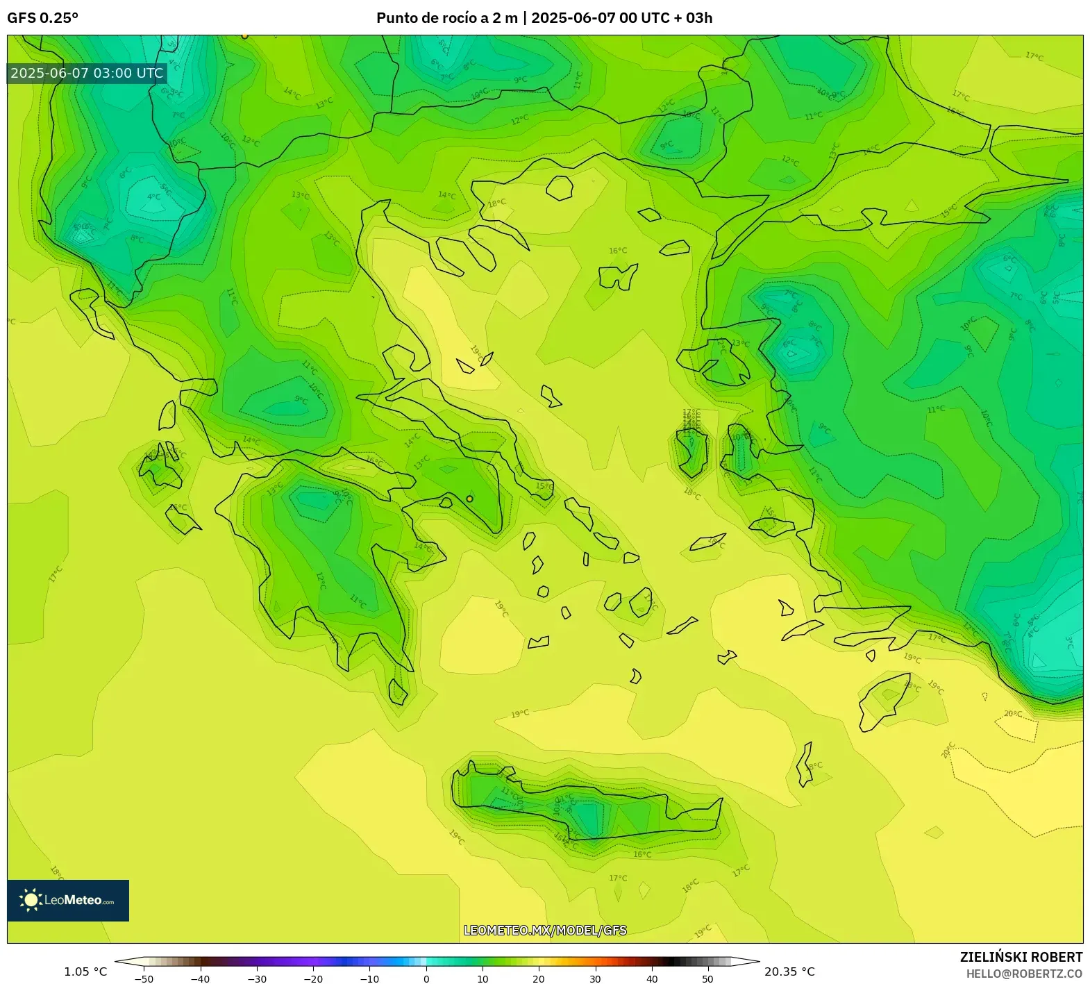 GFS model - Grecia, Punto de rocío a 2 m GFS model - Grecia, Punto de rocío a 2 m