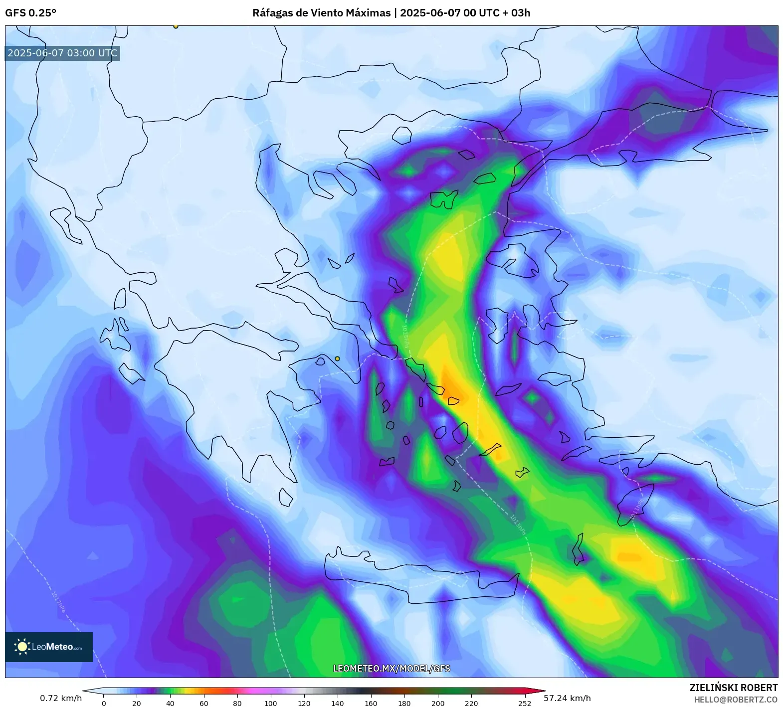 GFS model - Grecia, Ráfagas de Viento Máximas GFS model - Grecia, Ráfagas de Viento Máximas